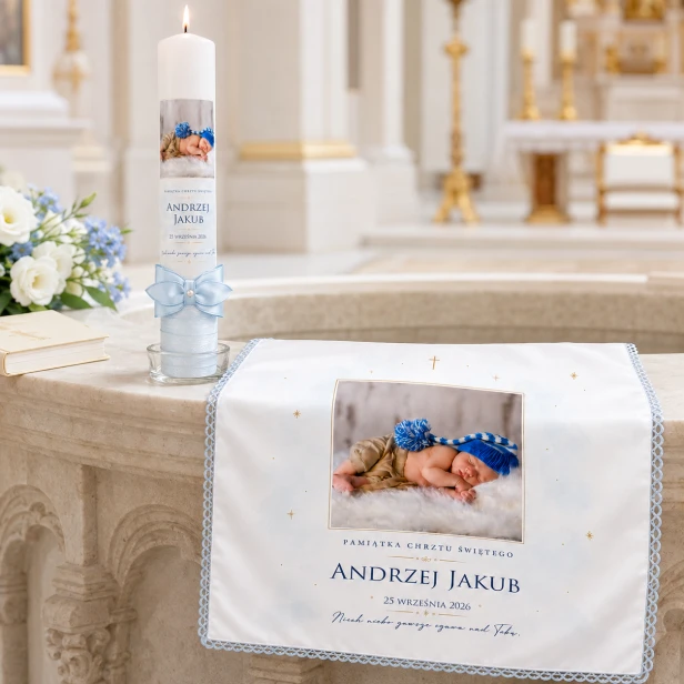 Świeca i szatka Anielskie Niebo™ Błękit – elegancki zestaw chrzcielny
