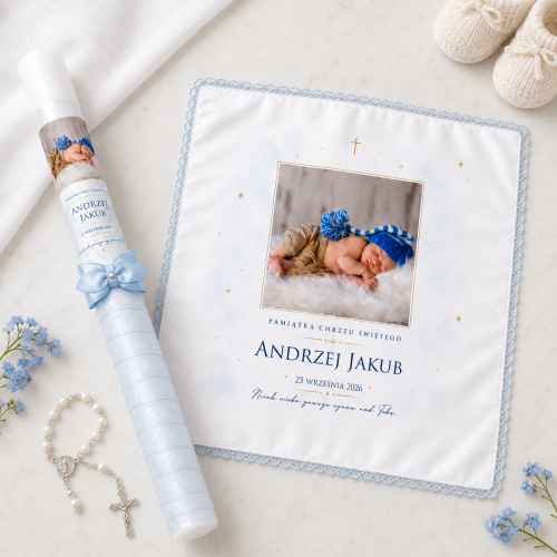 Personalizowany komplet Anielskie Niebo™ Błękit – pamiątka Chrztu Świętego
