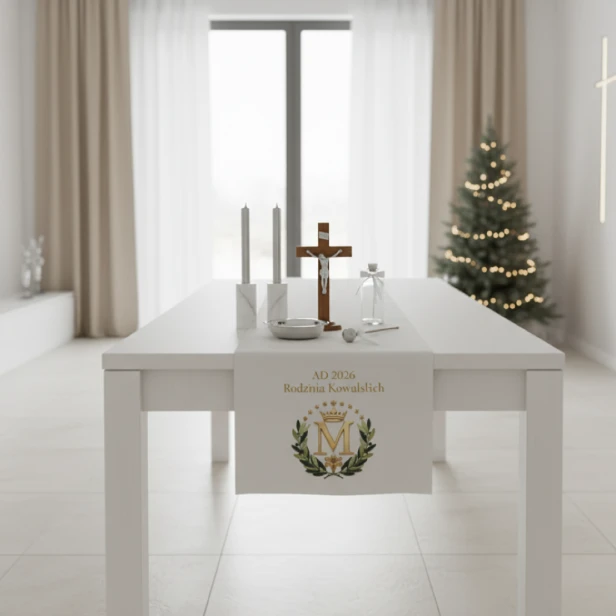 aranżacja Bieżnik pod zestaw kolędowy z Monogramem Maryi – personalizowany nadruk | Linia DOMUS SACRA™