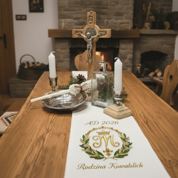 w aranżacji Bieżnik pod zestaw kolędowy z Monogramem Maryi – personalizowany nadruk | Linia DOMUS SACRA™