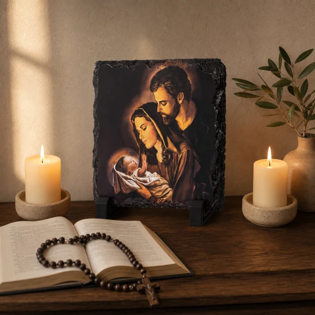 Obrazek Religijny na Granitowej Płytce: Święta Rodzina w Ciepłych Odcieniach Brązu – Ostoja Domowego Ciepła i Spokoju