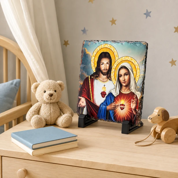 Obrazek Religijny na Granitowej Płytce: Serce Jezusa i Serce Maryi – Wieczny Symbol Miłości i Poświęcenia