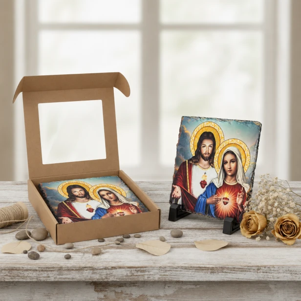 Obrazek Religijny na Granitowej Płytce: Serce Jezusa i Serce Maryi – Wieczny Symbol Miłości i Poświęcenia