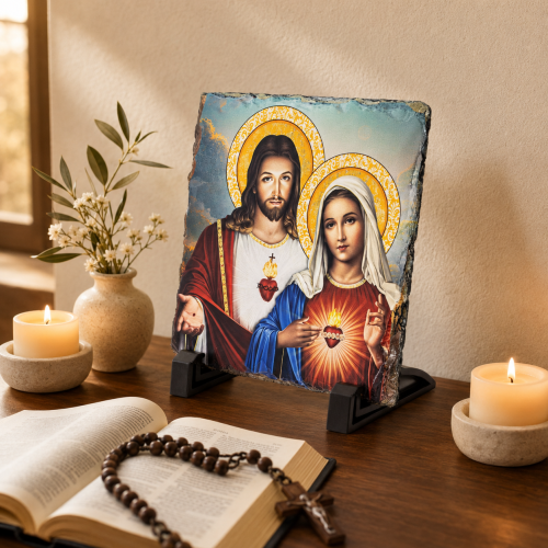 Obrazek Religijny na Granitowej Płytce: Serce Jezusa i Serce Maryi – Wieczny Symbol Miłości i Poświęcenia