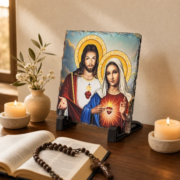 Obrazek Religijny na Granitowej Płytce: Serce Jezusa i Serce Maryi – Wieczny Symbol Miłości i Poświęcenia