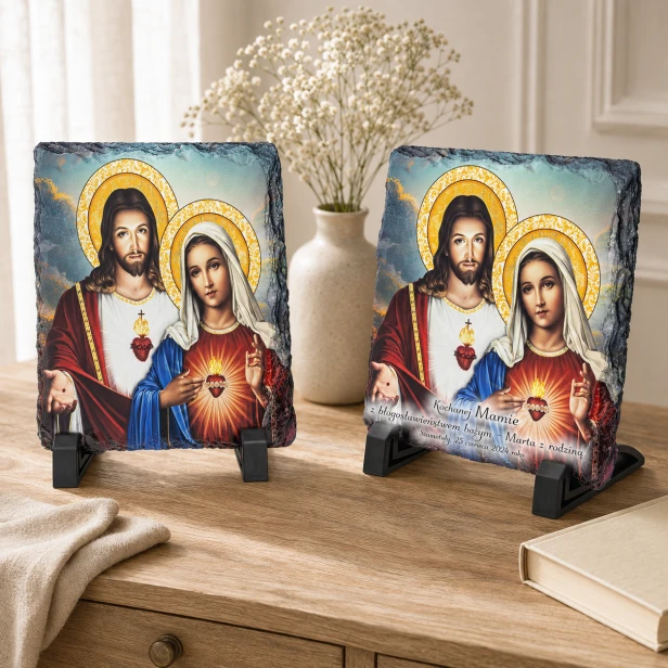 Obrazek Religijny na Granitowej Płytce: Serce Jezusa i Serce Maryi – Wieczny Symbol Miłości i Poświęcenia