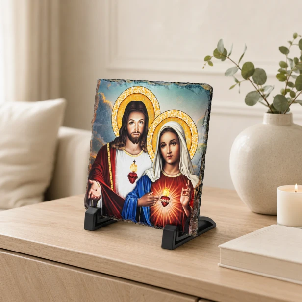 Obrazek Religijny na Granitowej Płytce: Serce Jezusa i Serce Maryi – Wieczny Symbol Miłości i Poświęcenia