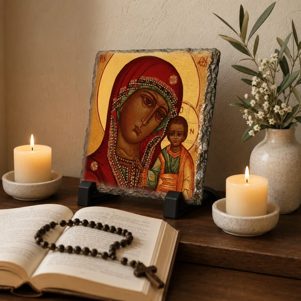 FOTOGRANIT z wizerunkiem Matki Boskiej Kazańskiej – Obrazek Religijny na granicie | Linia AUREA STONE™