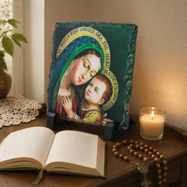 FOTOGRANIT z wizerunkiem Matki Boskiej Dobrej Rady – Obrazek Religijny na granicie | Linia AUREA STONE™