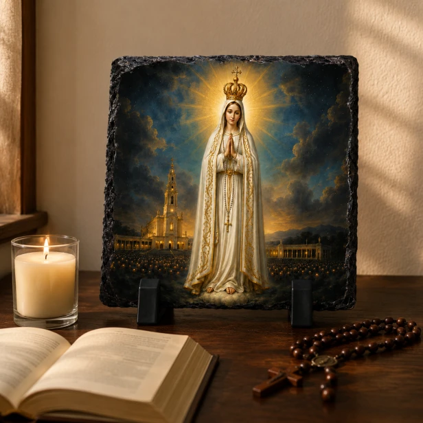 FOTOGRANIT z wizerunkiem Matki Boskiej Fatimskiej – obrazek religijny na granicie | Linia AUREA STONE™