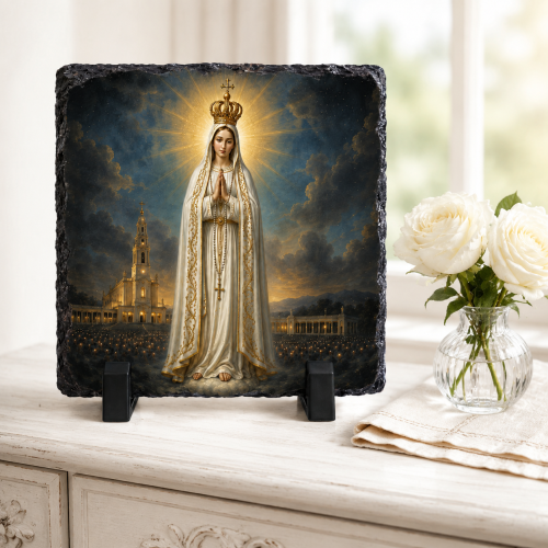 FOTOGRANIT z wizerunkiem Matki Boskiej Fatimskiej – obrazek religijny na granicie | Linia AUREA STONE™