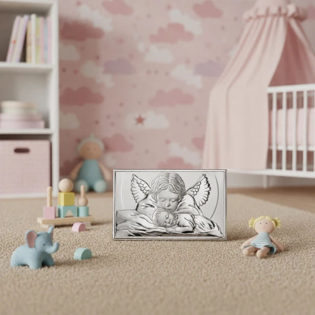 Obrazek srebrny - Bóg posłał Anioła, żeby mnie pilnował w aranżacji pokoju dzieciecego