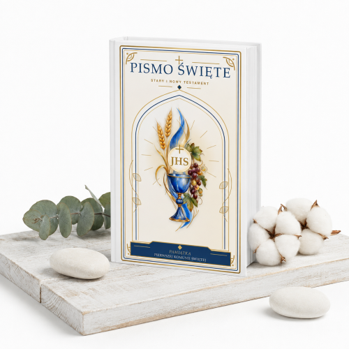 Biblia Paulistów w drewnianym pudełku z nadrukiem komunijnym