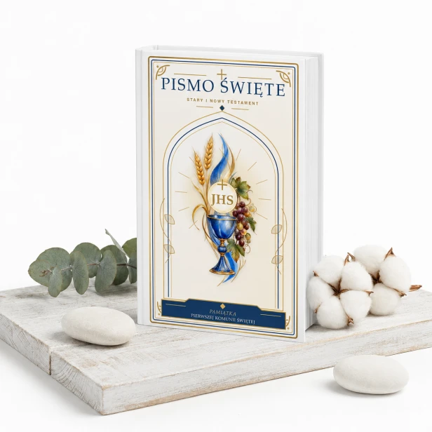 Biblia Paulistów w drewnianym pudełku z nadrukiem komunijnym