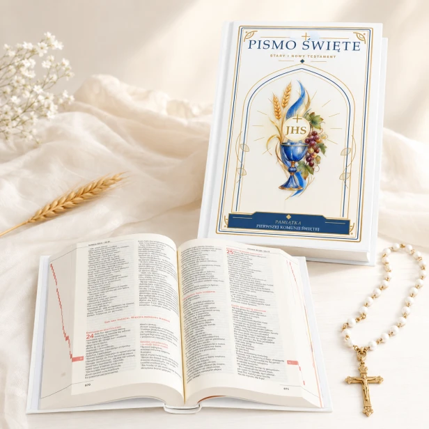 Biblia Paulistów w drewnianym pudełku z nadrukiem komunijnym