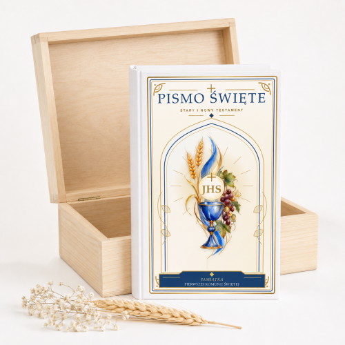 Biblia Paulistów w drewnianym pudełku z nadrukiem komunijnym
