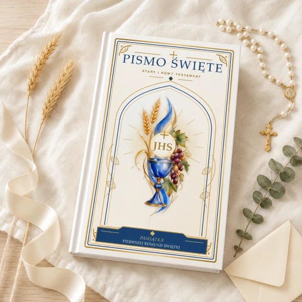 Biblia Paulistów w drewnianym pudełku z nadrukiem komunijnym