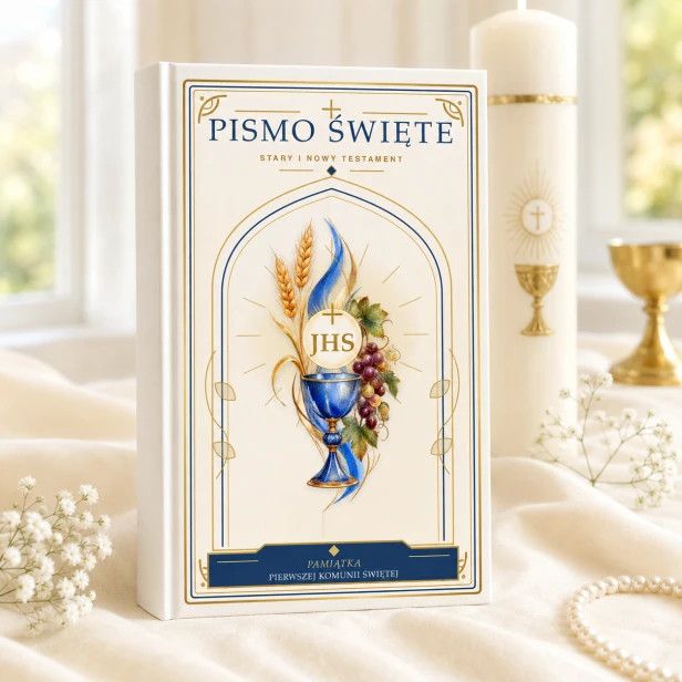 Biblia Paulistów w drewnianym pudełku z nadrukiem komunijnym