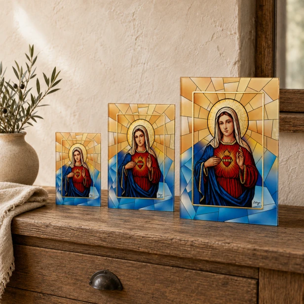 Niepokalane Serce Maryi – obraz na szkle z efektem witrażu 3D [różne rozmiary]