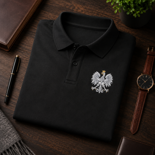 Czarne polo z Orłem Królewskim – detal nadruku patriotycznego SacrumStyle™