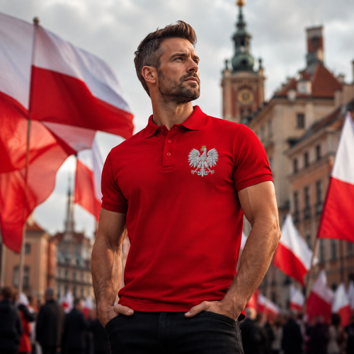 Czerwone polo patriotyczne z Orłem Królewskim – stylizacja męska SacrumStyle™
