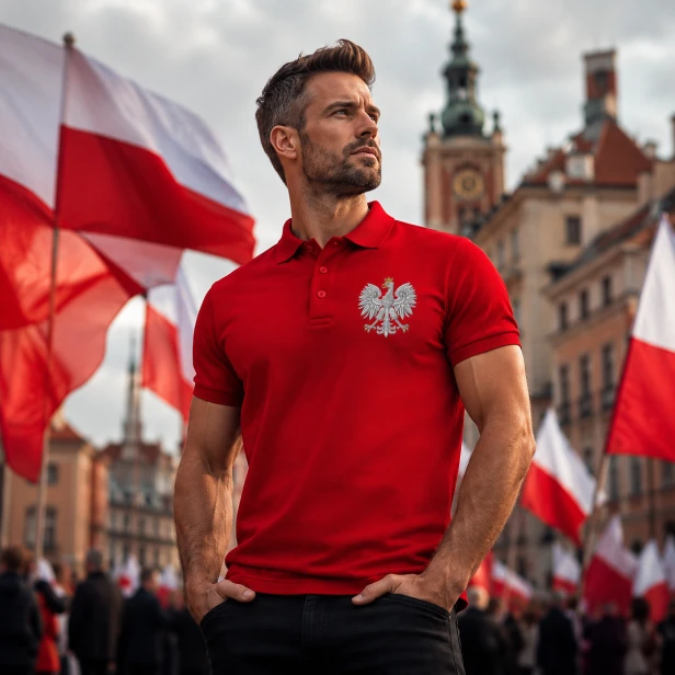 Czerwone polo patriotyczne z Orłem Królewskim – stylizacja męska SacrumStyle™