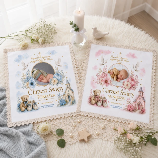 Szatka ze zdjęciem dziecka Dziecko Boże™ – personalizowana pamiątka z koronką