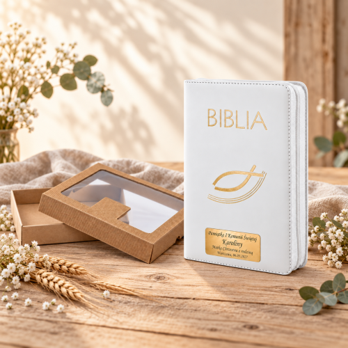 Biała Biblia Paulistów z grawerem – pamiątka Pierwszej Komunii Świętej