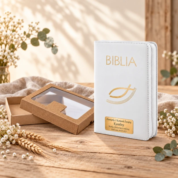 Biała Biblia Paulistów z grawerem – pamiątka Pierwszej Komunii Świętej