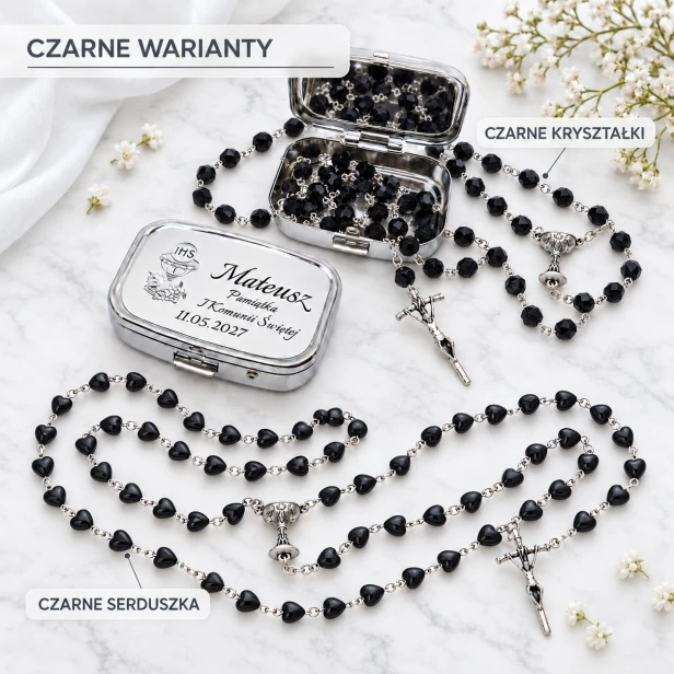 Serduszka Czarne, Kryształki Czarne - różaniec komunijny w pudełku z personalizacją