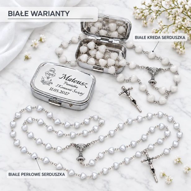 Białe serduszka KREDA, Białe serduszka PERŁA - różaniec komunijny w pudełku z personalizacją