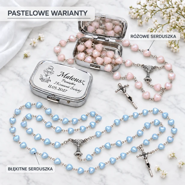 Różowe serduszka. Błękitne serduszka - różaniec komunijny w pudełku z personalizacją