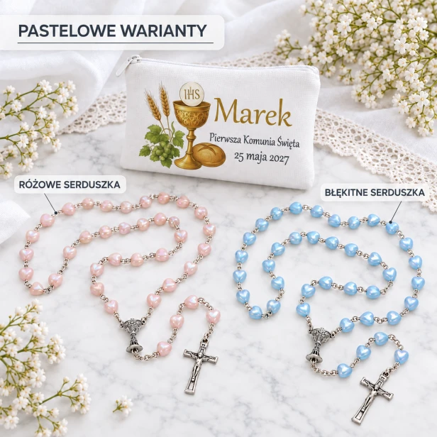 Pastelowe różańce: różowe i błekitne serduszka