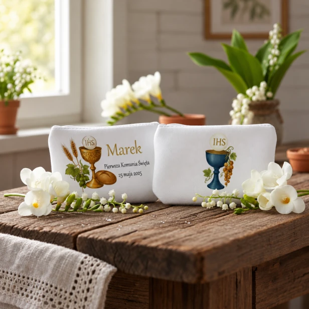 możliwość personalizacji - Rosarium™ – Etui na różaniec białe na zamek z EKO skórki (Komunia, personalizacja imienia)