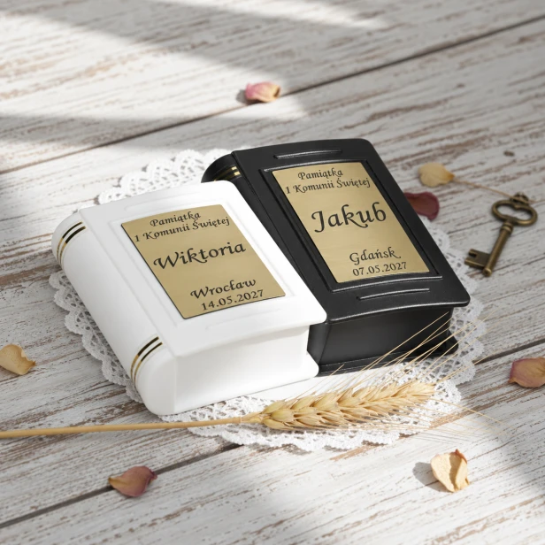 Pudełko na różaniec komunijny Rosarium™ – personalizacja złotym grawerem