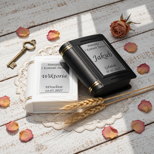 Rosarium™ – pudełko z grawerem srebrnym I Komunia Święta (białe, czarne)