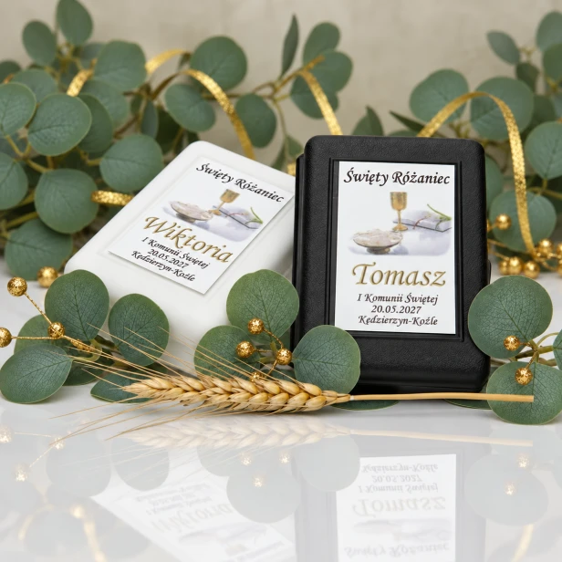 Rosarium™ – Pudełko na różaniec z nadrukiem komunijnym (białe, czarne)