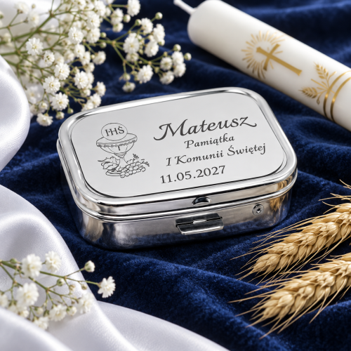 Pudełko metalowe na różaniec z grawerem IHS – Pamiątka I Komunii Świętej | Linia MEMORIA CLASSIC™
