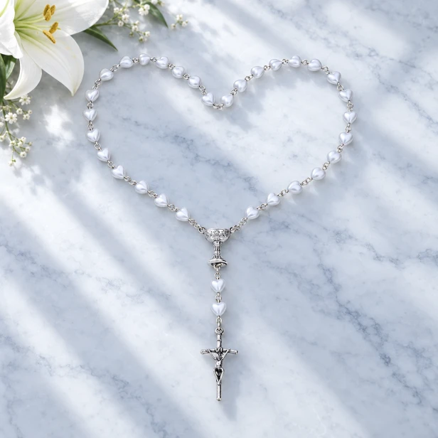 Różaniec komunijny SERDUSZKA biała perła – 47 cm