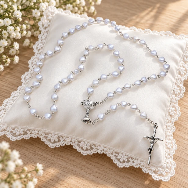 Różaniec komunijny SERDUSZKA biała perła – 47 cm