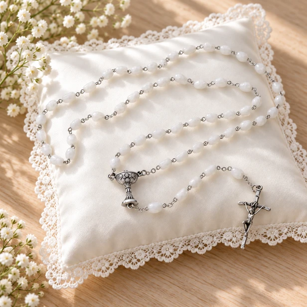 Różaniec komunijny biały KREDA IHS – 47 cm