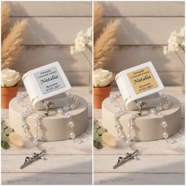 Biały różaniec komunijny IHS w personalizowanym pudełku – CRYSTAL IHS