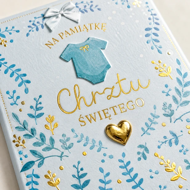 Książeczka pamiątkowa na Chrzest Święty z serduszkiem – życzenia dla chłopca