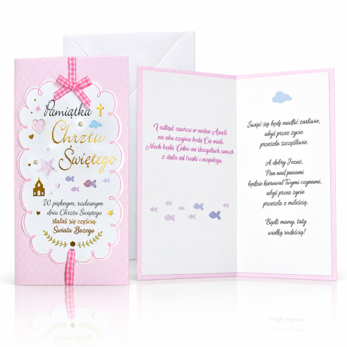 Karnet różowy – laurka na Chrzest Święty z kokardką (11 × 21 cm)