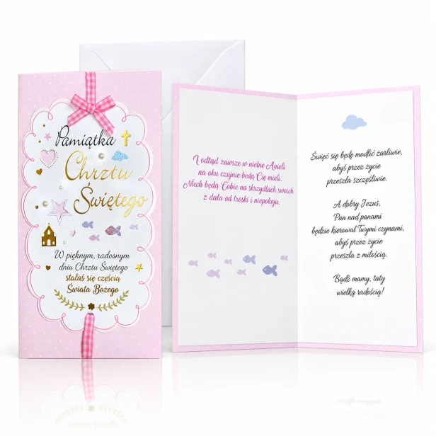 Karnet różowy – laurka na Chrzest Święty z kokardką (11 × 21 cm)