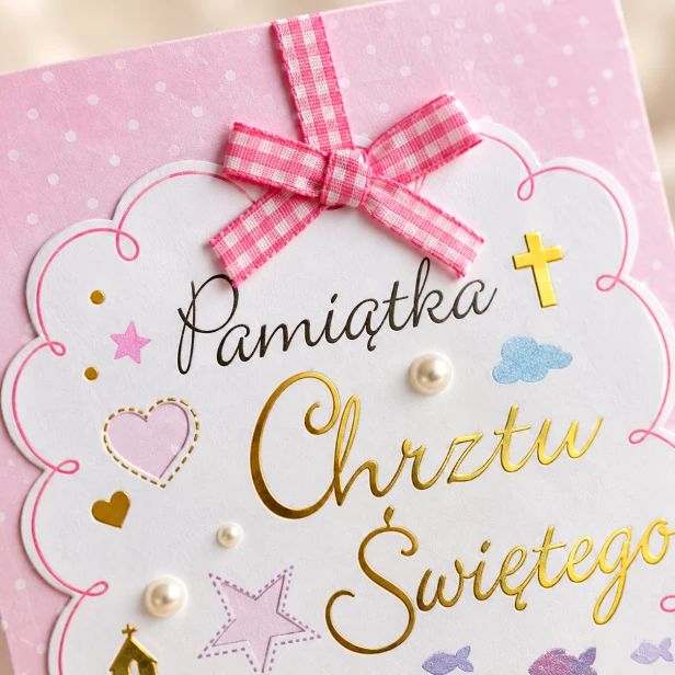 Karnet różowy – laurka na Chrzest Święty z kokardką (11 × 21 cm)
