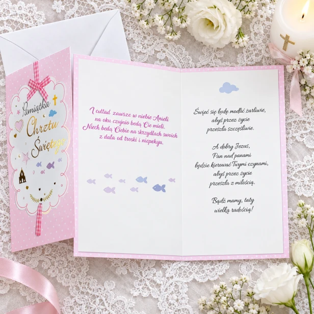 Karnet różowy – laurka na Chrzest Święty z kokardką (11 × 21 cm)