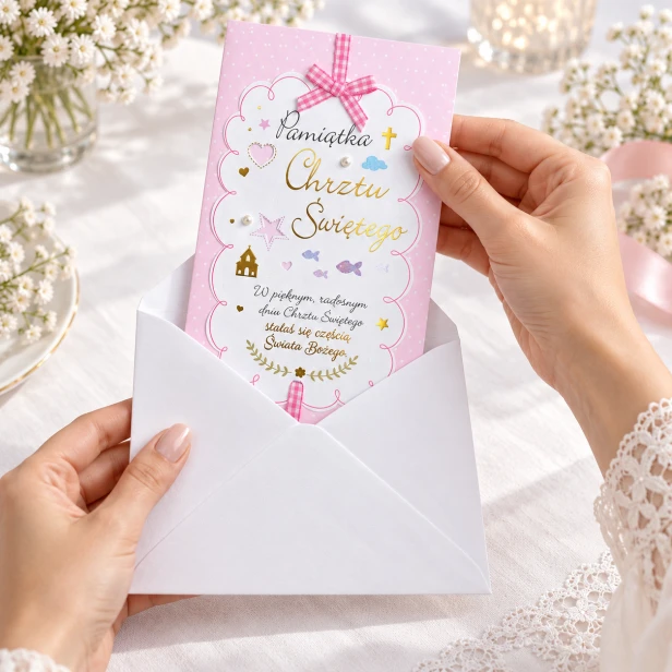 Karnet różowy – laurka na Chrzest Święty z kokardką (11 × 21 cm)