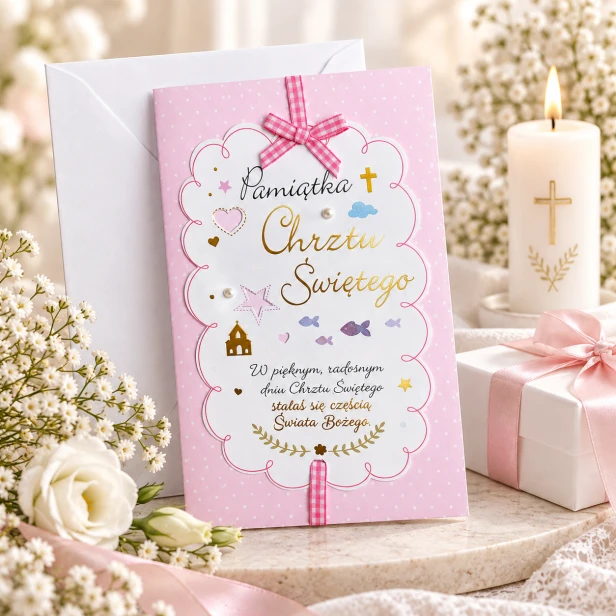 Karnet różowy – laurka na Chrzest Święty z kokardką (11 × 21 cm)