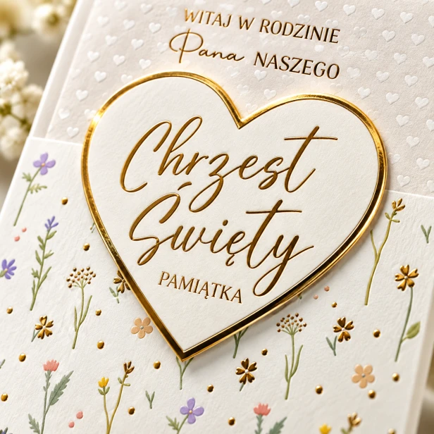 Karnet SERCE ZŁOTE – laurka na Chrzest Święty z kokardką (11 × 21 cm)